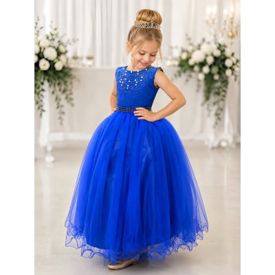 Vestido Infantil Damas de Honra Longo Azul Royal C/ Pérolas
