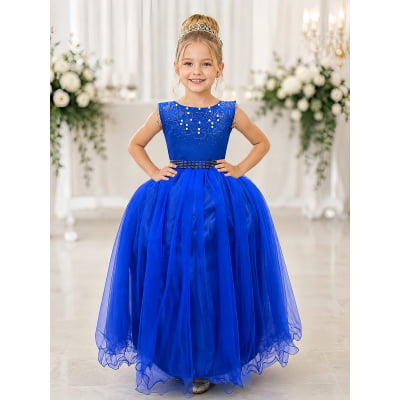 Vestido Infantil Damas de Honra Longo Azul Royal C/ Pérolas