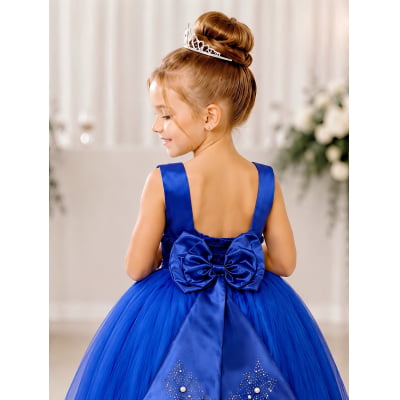 Vestido Infantil Damas de Honra Longo Azul Royal C/ Pérolas