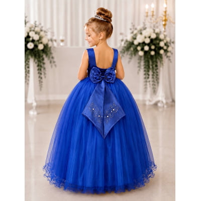Vestido Infantil Damas de Honra Longo Azul Royal C/ Pérolas