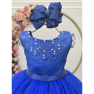 Vestido Infantil Damas de Honra Longo Azul Royal C/ Pérolas