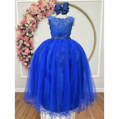 Vestido Infantil Damas de Honra Longo Azul Royal C/ Pérolas