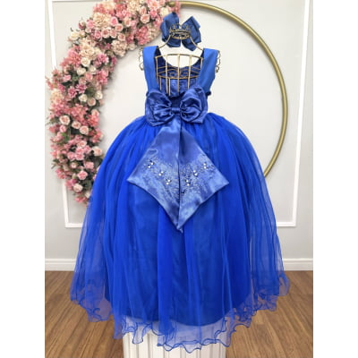 Vestido Infantil Damas de Honra Longo Azul Royal C/ Pérolas