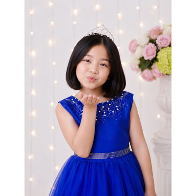 Vestido Infantil Damas de Honra Longo Azul Royal C/ Pérolas