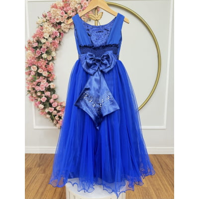 Vestido Infantil Damas de Honra Longo Azul Royal C/ Pérolas
