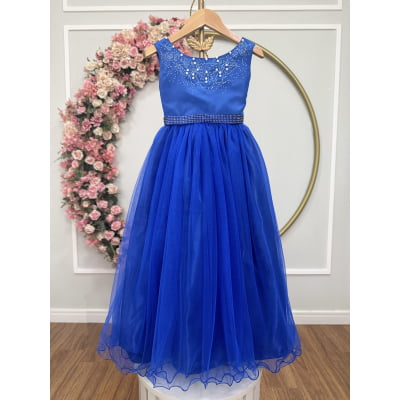 Vestido Infantil Damas de Honra Longo Azul Royal C/ Pérolas