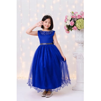 Vestido Infantil Damas de Honra Longo Azul Royal C/ Pérolas