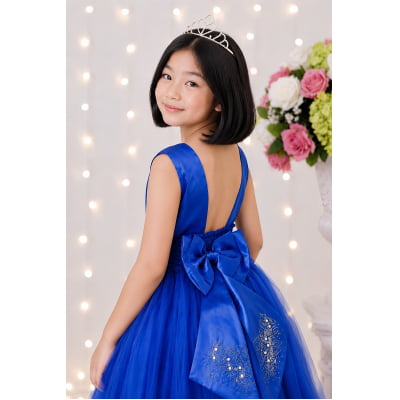 Vestido Infantil Damas de Honra Longo Azul Royal C/ Pérolas