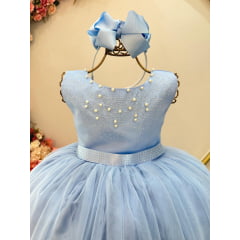 Vestido Infantil Damas de Honra Longo Azul Strass e Pérolas