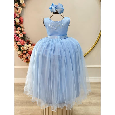 Vestido Infantil Damas de Honra Longo Azul Strass e Pérolas Vestido Infantil Damas de Honra Longo Azul Strass e Pérolas