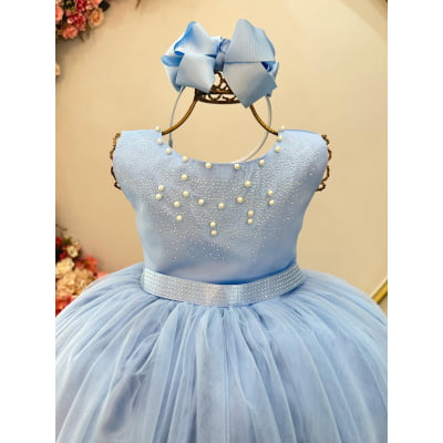 Vestido Infantil Damas de Honra Longo Azul Strass e Pérolas