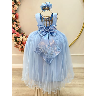 Vestido Infantil Damas de Honra Longo Azul Strass e Pérolas