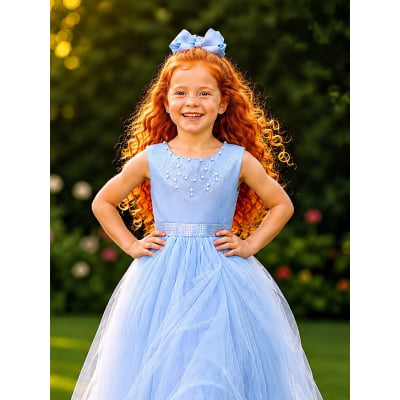 Vestido Infantil Damas de Honra Longo Azul Strass e Pérolas