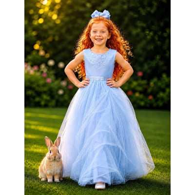 Vestido Infantil Damas de Honra Longo Azul Strass e Pérolas Vestido Infantil Damas de Honra Longo Azul Strass e Pérolas