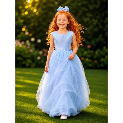 Vestido Infantil Damas de Honra Longo Azul Strass e Pérolas