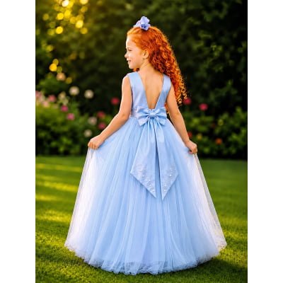 Vestido Infantil Damas de Honra Longo Azul Strass e Pérolas