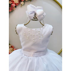 Vestido Infantil Damas de Honra Longo Branco Pérolas