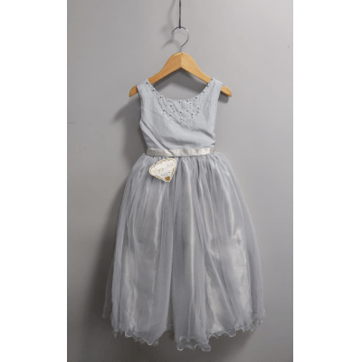 Vestido Infantil Damas de Honra Longo Prata Pérolas