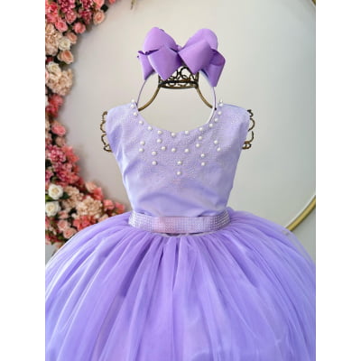 Vestido Infantil Damas de Honra Longo Lilás Pérolas e Strass