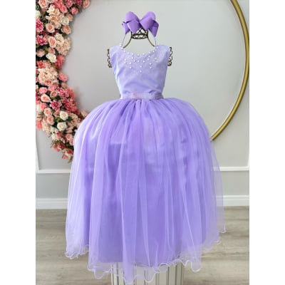Vestido Infantil Damas de Honra Longo Lilás Pérolas e Strass