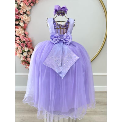 Vestido Infantil Damas de Honra Longo Lilás Pérolas e Strass