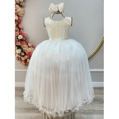 Vestido Infantil Damas de Honra Longo Marfim Claro Pérolas Vestido Infantil Damas de Honra Longo Marfim Claro Pérolas