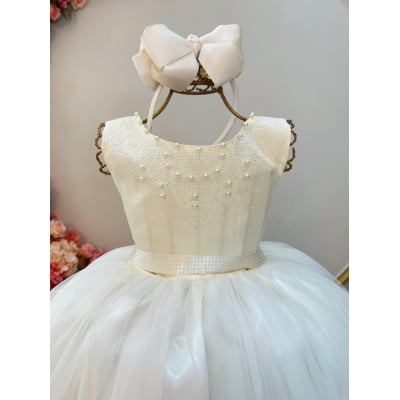 Vestido Infantil Damas de Honra Longo Marfim Claro Pérolas