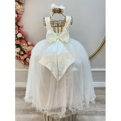 Vestido Infantil Damas de Honra Longo Marfim Claro Pérolas