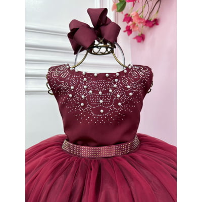 Vestido Infantil Damas de Honra Longo Marsala Strass Pérolas
