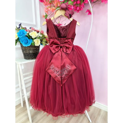 Vestido Infantil Damas de Honra Longo Marsala Strass Pérolas