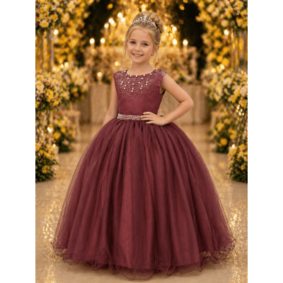Vestido Infantil Damas de Honra Longo Marsala Strass Pérolas