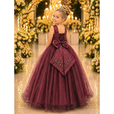 Vestido Infantil Damas de Honra Longo Marsala Strass Pérolas