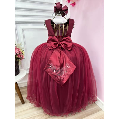 Vestido Infantil Damas de Honra Longo Marsala Strass Pérolas