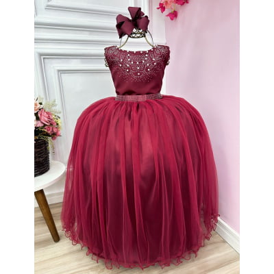 Vestido Infantil Damas de Honra Longo Marsala Strass Pérolas
