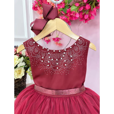 Vestido Infantil Damas de Honra Longo Marsala Strass Pérolas