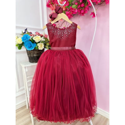 Vestido Infantil Damas de Honra Longo Marsala Strass Pérolas