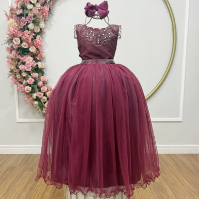 Vestido Infantil Damas de Honra Longo Marsala Strass Pérolas