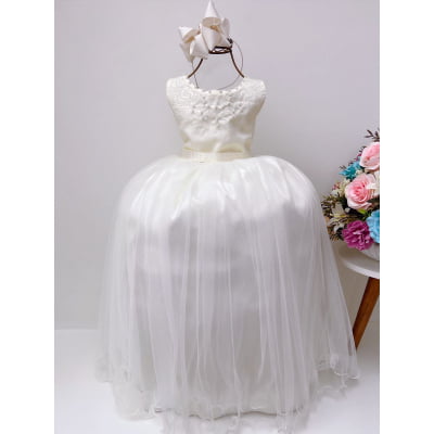 Vestido Infantil Damas de Honra Longo Marfim Pérolas