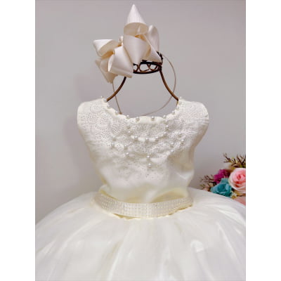 Vestido Infantil Damas de Honra Longo Marfim Pérolas