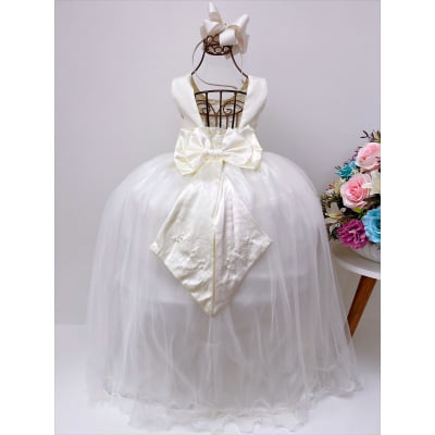 Vestido Infantil Damas de Honra Longo Marfim Pérolas