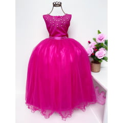 Vestido Infantil Damas de Honra Longo Pink Strass e Pérolas