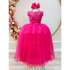 Vestido Infantil Damas de Honra Longo Pink Strass e Pérolas