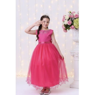 Vestido Infantil Damas de Honra Longo Pink Strass e Pérolas