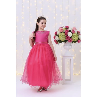 Vestido Infantil Damas de Honra Longo Pink Strass e Pérolas