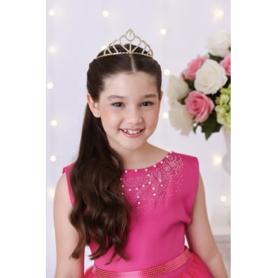 Vestido Infantil Damas de Honra Longo Pink Strass e Pérolas