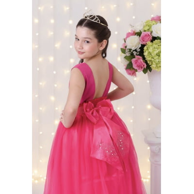 Vestido Infantil Damas de Honra Longo Pink Strass e Pérolas