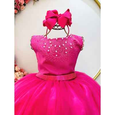 Vestido Infantil Damas de Honra Longo Pink Strass e Pérolas