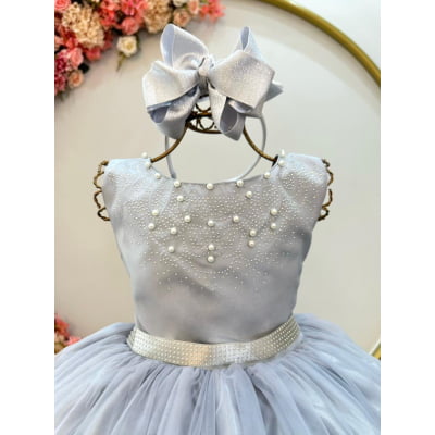 Vestido Infantil Damas de Honra Longo Prata Pérolas