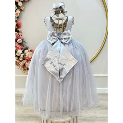 Vestido Infantil Damas de Honra Longo Prata Pérolas