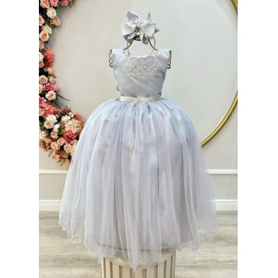 Vestido Infantil Damas de Honra Longo Prata Pérolas